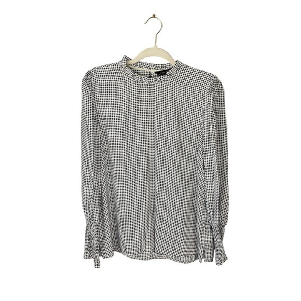 Zara Woman Blouse Top Long Sleeve Mock ruffle trim Neck Black White Star Print M